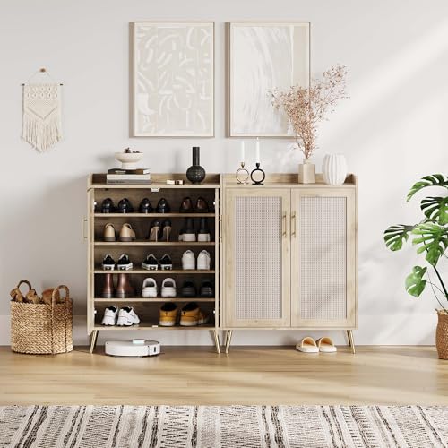 Rattan Shoe Cabinet, 5-Tier Shoe Storage Cabinet with Doors, 2 Adjustable Shelves and Heavy Duty Metal Legs, Farmhouse Shoes Organizer for Entryway Hallway Living Room, Oak