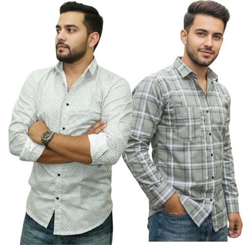 Image of Pack of 2 Men's Cotton Fabric Button Down Full Sleeve Collar Neck Regular Fit Check & Dotted Printed Combo Shirt