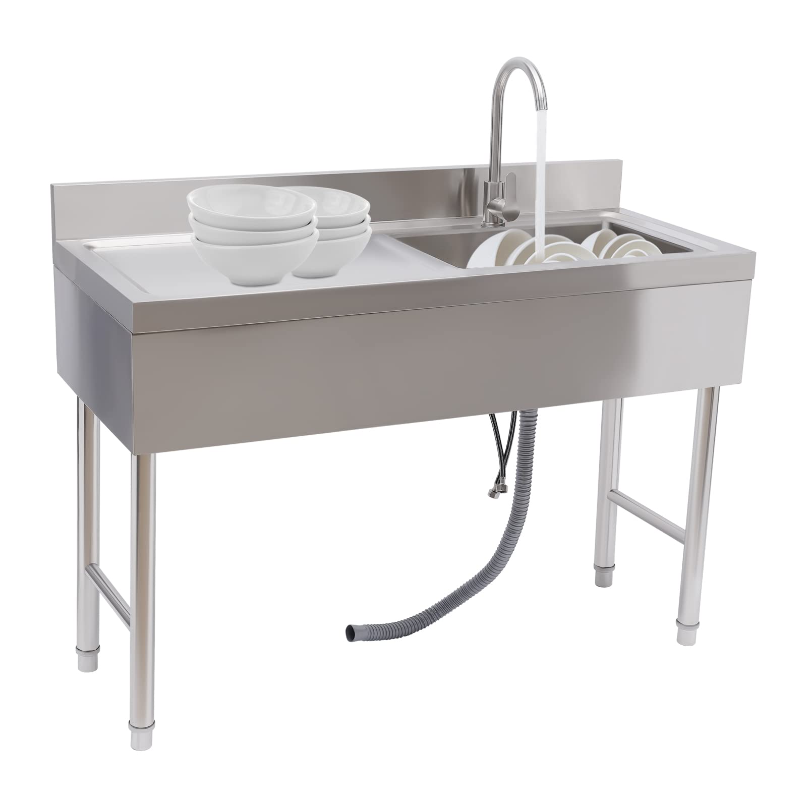 Free Standing Kitchen Sink, Single Bowl Stainless Steel Sink with Drainboard & Faucet Commercial Restaurant Kitchen Sink Set Prep Sink for Restaurant Laundry 47.2x31.5x19.6”