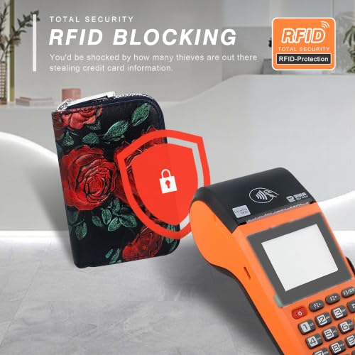 Image of CONISY Small Leather Womens Credit Card Holder Wallet with RFID Blocking (Red Rose)