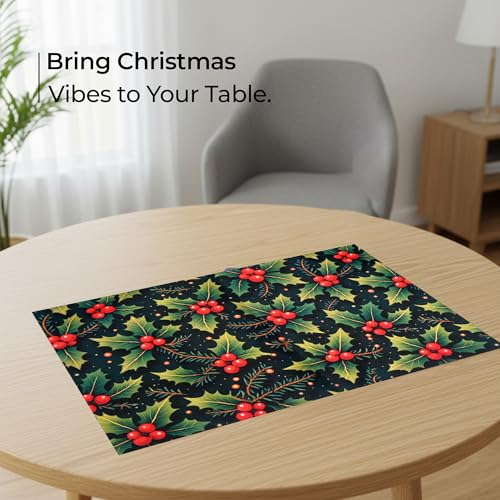 Image of Dining Table Mats Set of 6 - Cherry Christmas Leaves Theme,Digital Print, Washable, Indoor /Outdoor, Heat-Proof, Wipe & Clean (47X33 cm) Red & Green