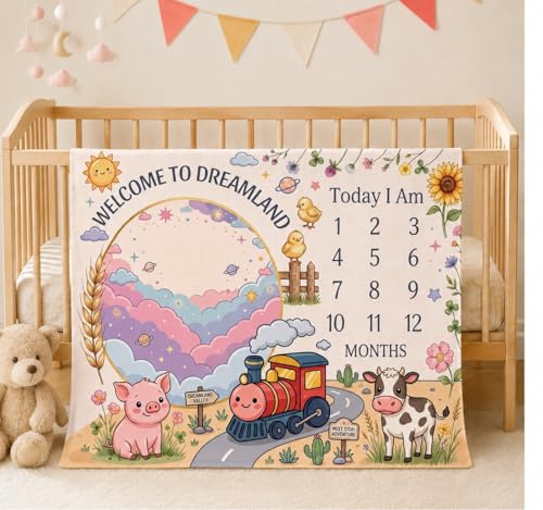 Image of Baby Monthly Milestone Photoshoot Blanket with Milestone Cards, Cotton, 115x95 cm, Animal Theme, 1-12 Months (Train)