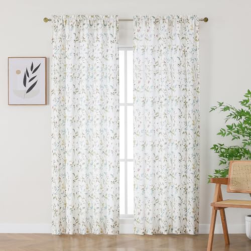Image of Chyhomenyc Light Filtering 90 Inch Window Curtains - Linen Blend Floral Printed Curtains Drapes for Living Room, Soft Farmhouse Curtain for Bedroom, 52Wx90L Inch, 2 Panels