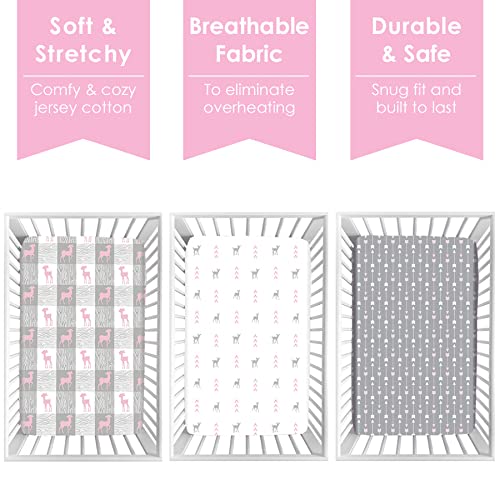 Grow Wild MCS_002 Pack N Play Sheets 3-Pack | Baby Mini Crib Sheets For Girls | Soft Pack And Play Mattress And Crib Bedding Set | Playard Jersey Cotton Fitted Crib Sheets | White Grey Pink Deer And Arrows thumb #1