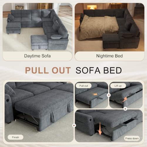 Image of Hanherry 106 inch Sectional Sofa with Pull Out Couch Bed,7 Seat Corduroy Sleeper Sofa with 2 Seat Storage & USB Charging,Storage Ottoman,Comfy Modular Couches for Living Room,Apartment