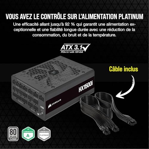CORSAIR HX1500i Bloc d'alimentation 1500 Watts ATX 3.0 Silencieuse Certifié 80 PLUS Platinum CP 9020261 EU Neuf - vue 8