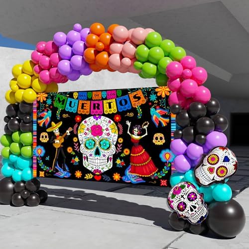 Dia De Los Muertos Decorations,162PCS Day of The Dead Decor Balloon Arch Kit with Large Dia De Los Muertos Backdrop Banner,Sugar Skull Decor Balloons for Halloween Mexican Fiesta Coco Decorations