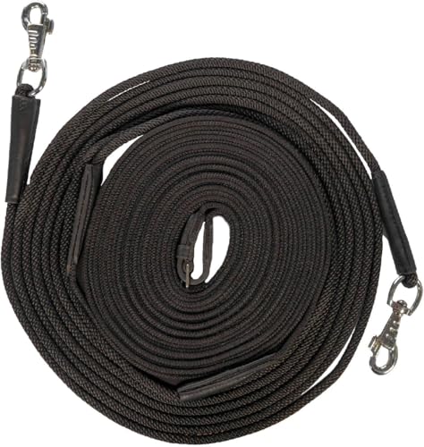 Longues rênes HKM Slim en sangle mince noire de 18 mètres à mousquetons robustes