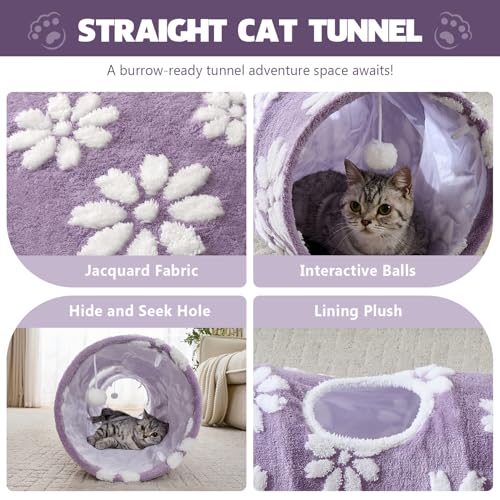 Image of Straight Cat Tunnel for Indoor Cats 47 inchx12 inch, Cute Cat Toys Collapsible Tunnel Tube with Balls for Puppy Kitten Rabbit, Purple Flower