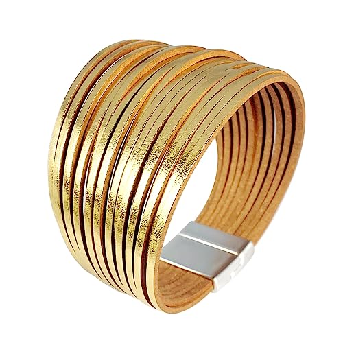 P Ammy Fashion® Multi-layered Shiny Leather Wrap Bracelets Wide Boho Cuff Colorful Leopard Bracelets with Magnetic Clasp (Golden)