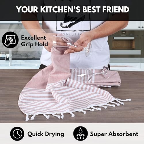 Image of Turkish Kitchen Towels 18x26 Inches with Tassels - 4 Pack - Absorbent, Durable, Soft 100% Cotton Dish Towels for Drying & Cleaning - Machine Washable, Quick Dry - Rust