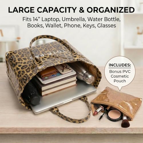 Image of PVC Tote Bag Gifts for Women Large Tote Purse Kraft Paper Letter Print Hobo Handbags for Work Beach Shopping Travel