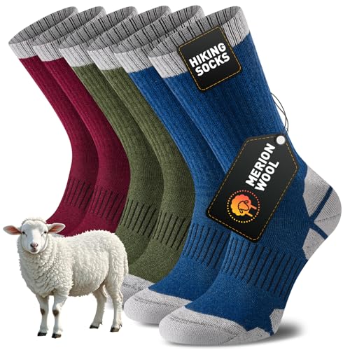 Niorasen Merino Wool Walking Socks for Men Women, Cushioned Anti Blister Performance Hiking Socks for Running, Sports, Cycling, Trekking, Work, Casual Thicked 3 Pairs