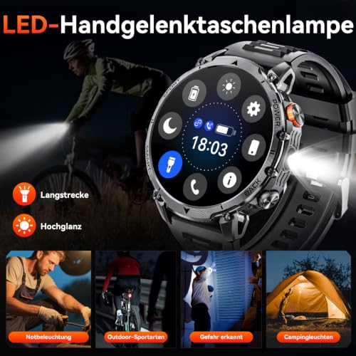 Militär Smartwatch Herren, 1400-mAh-Akku/2 Armbänder/Kompass/Taschenlampe – Ansicht 5