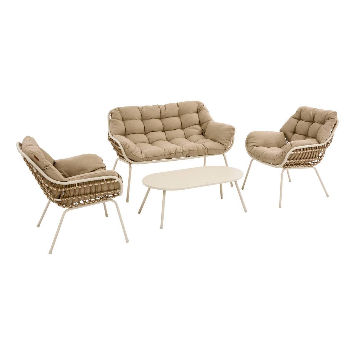 HESPERIDE - Conjunto de Muebles de jardín Paopao Beige Arcilla, 4 plazas, Resistente a la corrosión, Cojines cómodos, 2 sillones, 1 sofá, 1 Mesa Baja