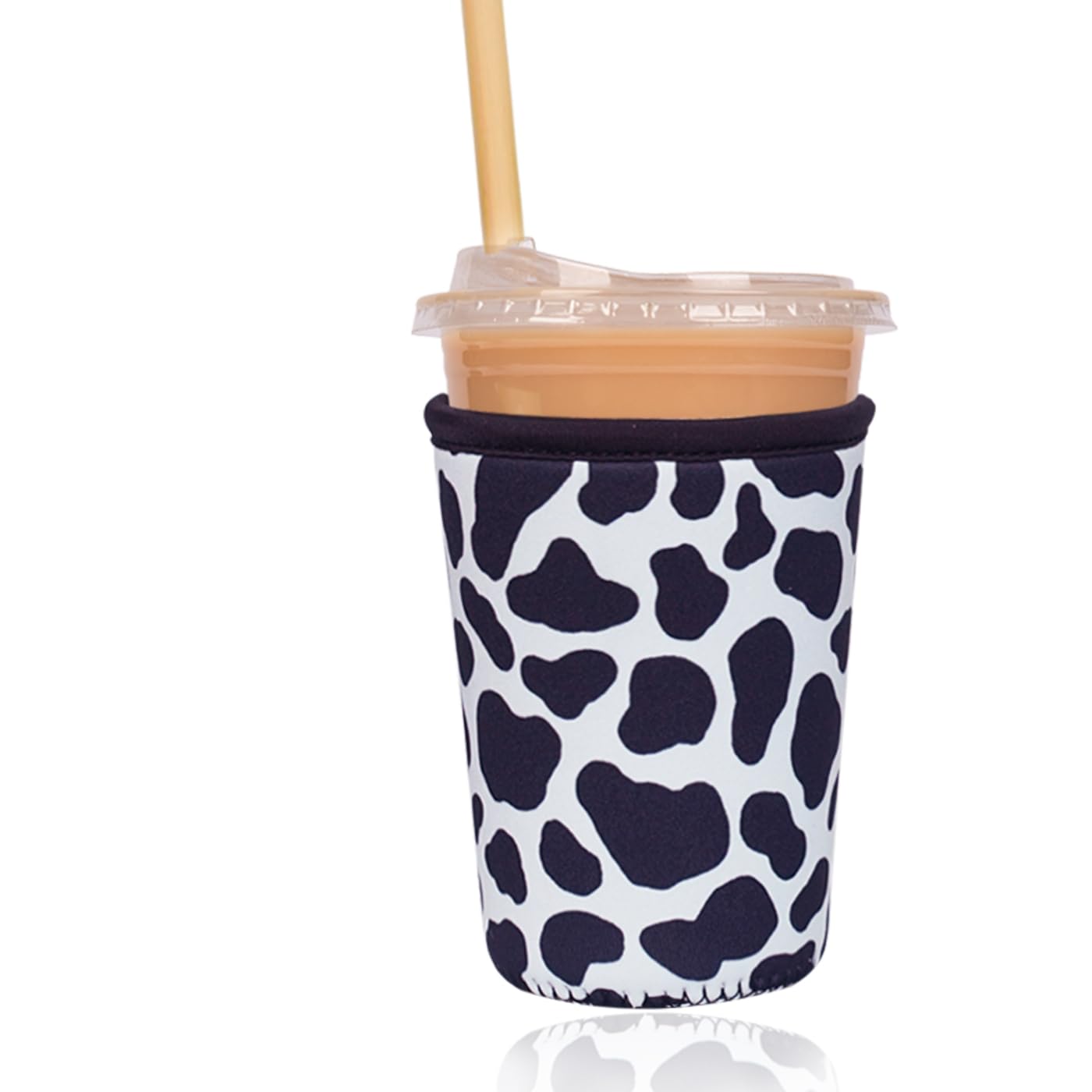 Reusable Insulated Sleeve for Iced Coffee Cup, Coffee Neoprene Sleeve for Cold &amp; Hot Drinks, Beverage Holder for Iced Coffee (Cowprint Chic, Small: 16-18oz)