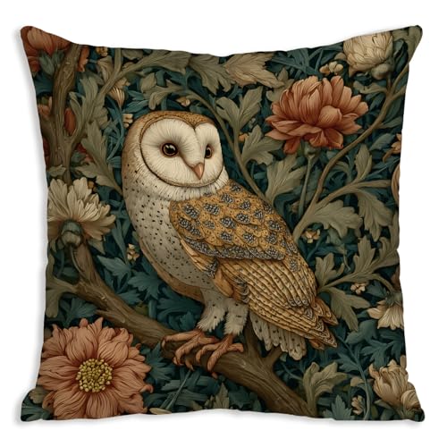 DWSHX William Morris Inspired Design Floral Pillow Covers, Vintage Floral Owl Print Throw Pillow Cov