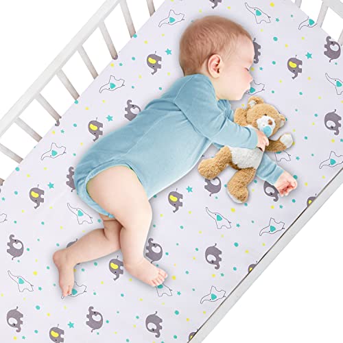 Image of Bimocosy Crib Sheets 4 Pack, Baby Crib Sheets Fitted for Boys and Girls Breathable & Snug Fit, Soft Toddler Bed Sheets for Standard Crib Mattress Nursery Daycare Essentials, Elephant Dreams