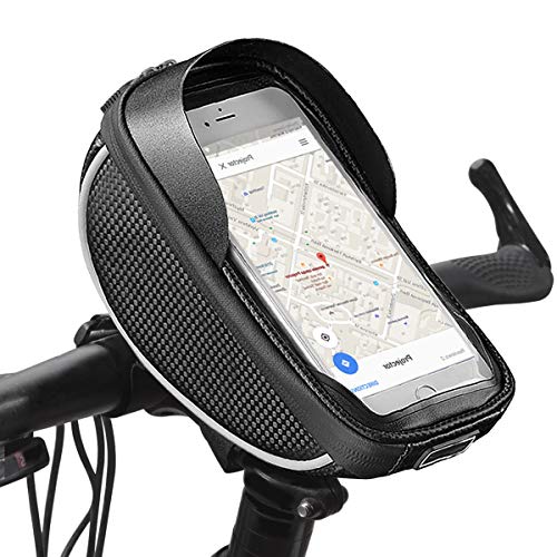 Bolsa de Bicicleta, Impermeable para Ciclismo Bici Bolso para el Manillar , Funda Móvil,Velcro,Doble Cremallera,Visera,Transparente con Pantalla Táctil de 6.0 Inches-Negro