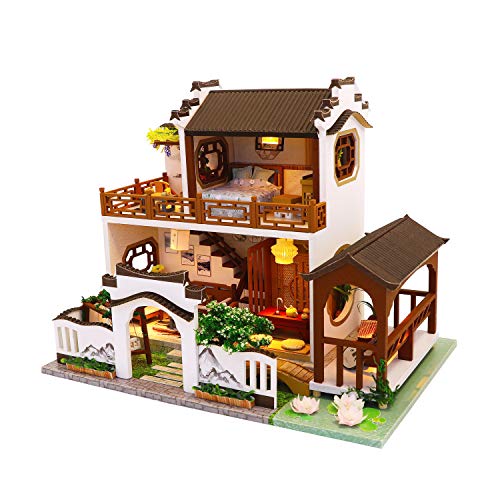 Cool Beans Boutique Miniature DIY Dollhouse Kit - Wooden Asian Dollhouse Traditional Home - with Dust Cover - Architecture Model kit (English Manual) (Chinese Mansion by Lotus Pond)