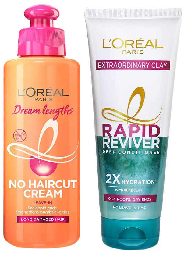 Image of L'Oreal Paris Dream Lengths No Haircut Cream Leave-In Conditioner, 200ml & L'Oreal Paris Rapid Reviver Extraordinary Clay Deep Conditioner, 180ml