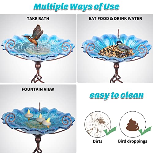 MUMTOP Vogeltränke für den Außenbereich Glas Vogeltränke Vogelhäuschen Schüssel Blumenmuster mit Metallpfahl für Gartendekoration (blau)