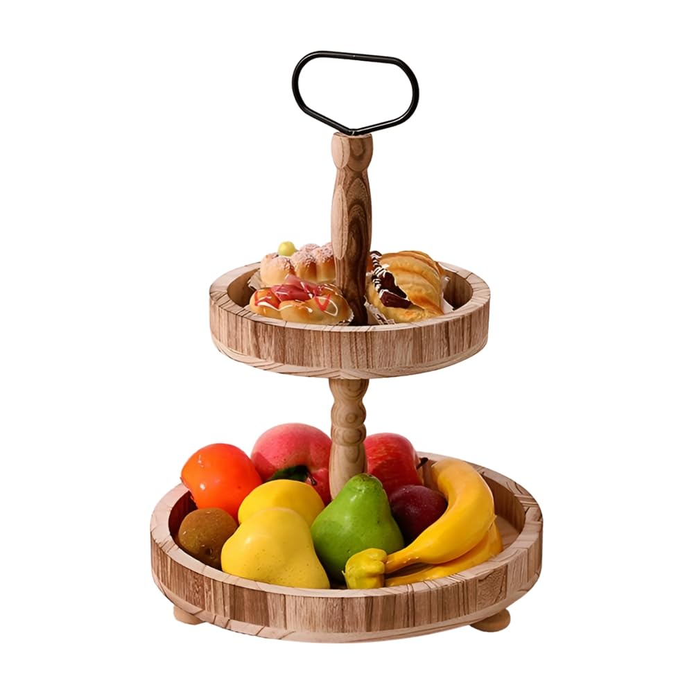 CTRLZS Rustic Style Wooden Tiered Tray, Farmhouse Decorative Tray, Round Tray with Metal Handles,Light Roasted Color