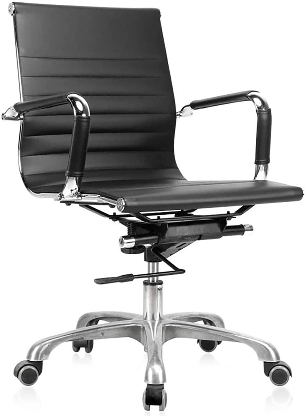 Fohfurniture PU Leather Ribbed Executive Chairs, Conference Meeting Chair, Hotel Task Chair (Modern, Mid-Back, Black)