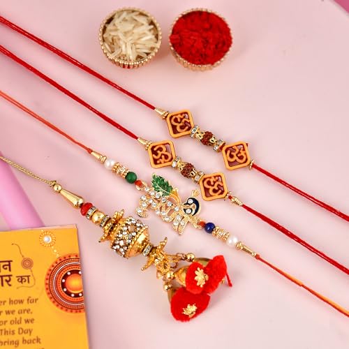 Image of Collectible India Brother Combo Set - Rakhi for Bhaiya Bhabhi Kids - Akhand Diya Crystal Gold Plated Diya Oil Lamp with Krishna, Lumba, Rudraksh Rakhi, Greeting Card