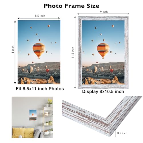 Image of 8.5x11 Picture Frame Rustic White for Wall Hanging or Tabletop, Wall Mounting Horizontally or Vertically, 8.5 x 11 Wall Gallery Poster Photo Frame with Durable Shatter Resistant Plexiglass, Rustic