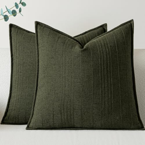 a moment Linen Pillow Covers Set of 2 Boho Farmhouse Throw Pillowcases Neutral Textured Decorative Covers for Couch Sofa Linen Blend Accent Case Cushion Living Room Home Decor 18x18Dark Green