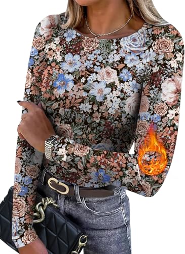 WIHOLL Long Sleeve Shirts for Women Underscrub Fall Outfits 2025 Dressy Casual Crew Neck Basic Tees Slim Fit Underwear Cute Comfy Warm Winter Clothes Flower Print S