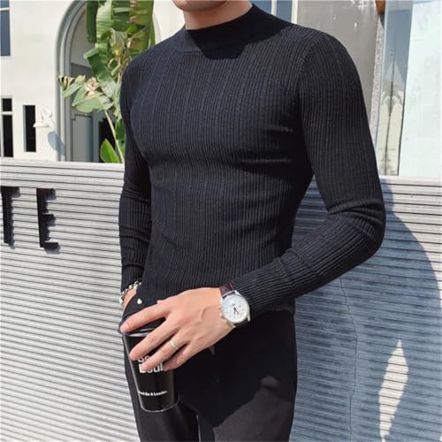 Men's Pullover Sweaters Korean Striped Sweater Half High Collar Stretch Tight Slim Fit Knit Sweater4