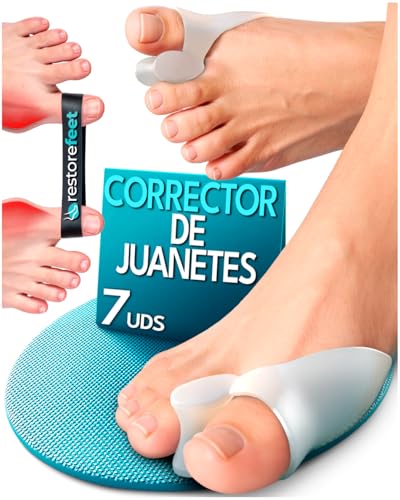 RestoreFeet Corrector de Juanetes Mujer y Hombre – 7 Piezas con 3 Pares de Correctores y Banda Correctiva – Alivio del Dolor Hallux Valgus, Uso Nocturno y Diario, Silicona Médica sin BPA