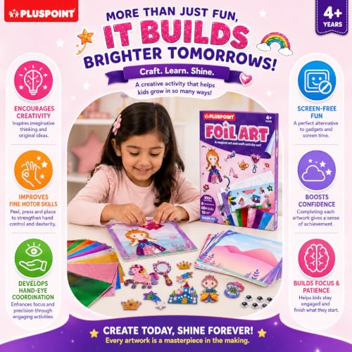 Image of PLUSPOINT Unicorn Foil Art Kit for Kids Ages 4-8, DIY Arts and Crafts Kit, Metallic Foil Craft Set, Peel and Press Sticker Art, 6 Picture Canvases, 60+ Foil Sheets, Creative Gift for Girls