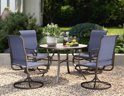 PHI VILLA 5 Piece Patio Dining Set with 4 Outdoor Swivel Dining Chairs & 1 Large Round Dining Table, All Weather Blue Textilene Mesh Fabric Chair and Round Metal Table for Deck Lawn Garden