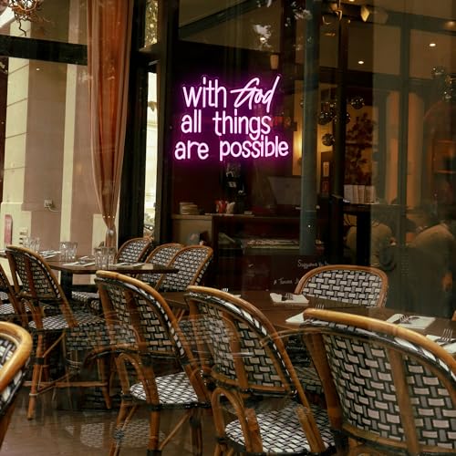 Image of With God All Things Are Possible Neon Sign Beautiful Pink God Led Lights for Wall Decor Dimmable USB Powered Light up Sign 16.9 * 13 Inch Neon Light for Room Party Wedding Church Decor
