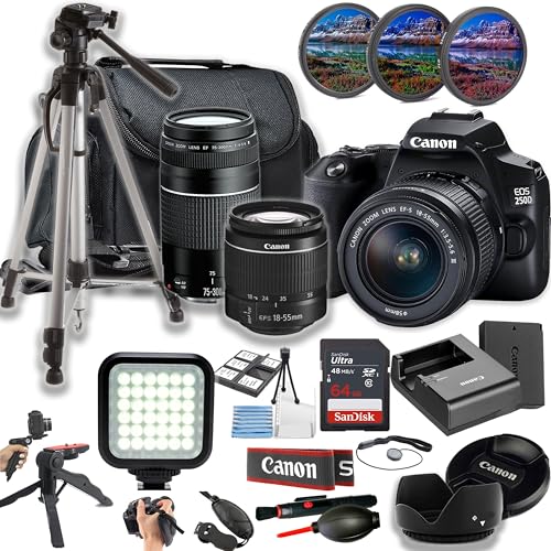 Canon EOS 250D / Rebel SL3 Digital SLR Camera w/EF-S 18-55mm and 75-300mm Lens + LED Light + 64GB Memory + Filters + Case + Tripod + Grips + Hood, and More (26pc Bundle) (Renewed)