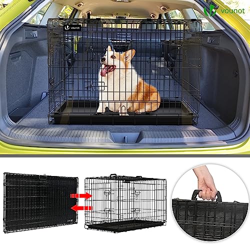 VOUNOT Hundekäfig Klappbar mit Abdeckung, Hundebox Auto Hundetransportkäfig mit Doppeltüren, 2 Transportgriffen & Bodenschale, L 92x58x64 cm, Schwarz