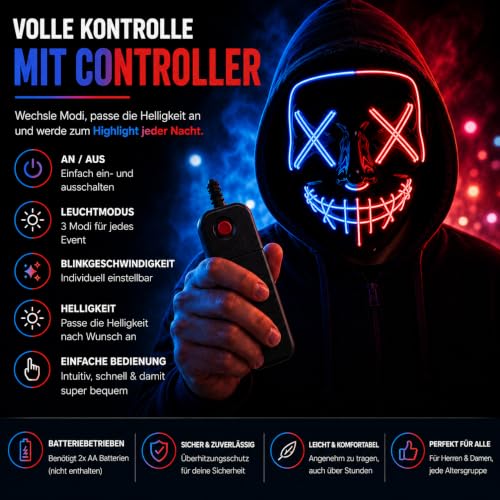 TK Gruppe Timo Klingler LED Grusel Maske - wie aus Purge für Halloween, Fasching & Karneval als Kostüm für Herren & Damen (rot/blau) – Ansicht 4