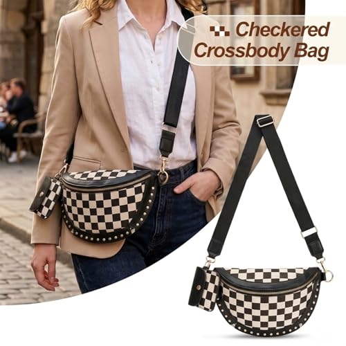 Image of Checkered Crossbody Bag, Bum Bags for Women Crossbody,Spacious Sling Bag Purse Fanny Packs with Shoulder Strap