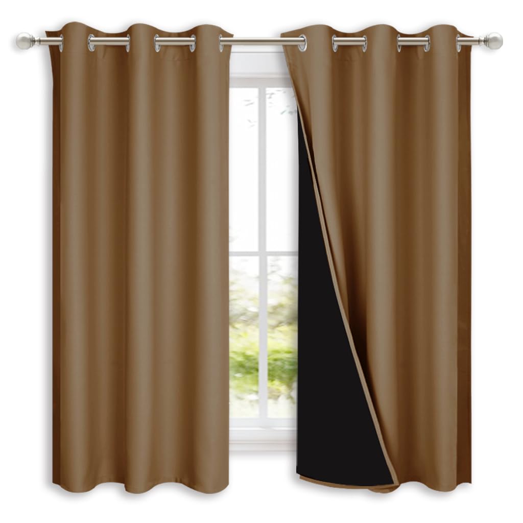 NICETOWN 100% Blackout Short Curtains with Black Liners, 2 Panels, 37" W by 60" L, Gold Brown, Solid Thermal Insulated Full Blackout 2-Layer Lined Drapes, Energy Efficiency Window Drapes for Bedroom