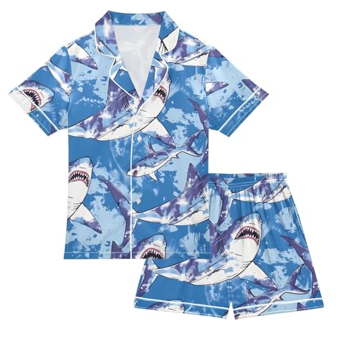 ALAZA Shark Blue Watercolor Pajamas Satin Pajama Set Short Sleeve Button Down Sleepwear