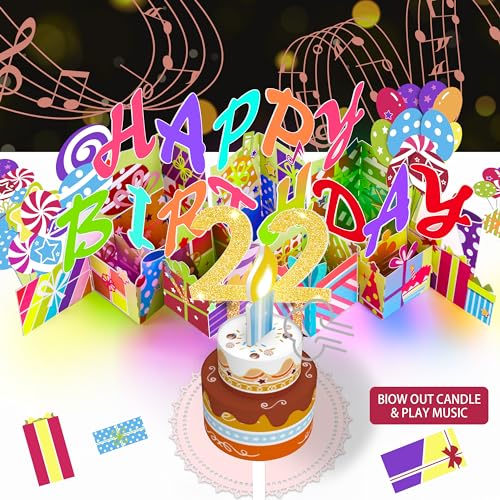 Image of 22nd Pop-Up Musical Birthday Card, Blowable LED Candle for Women and Men