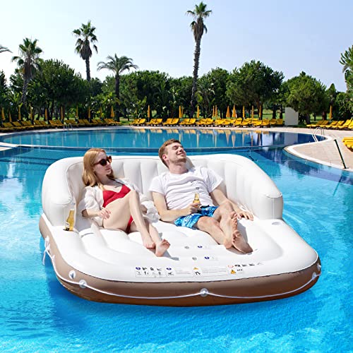 Image of S AFSTAR 2-3 Person Inflatable Pool Float, 71 inchx71 inch Giant Inflatable Island Bed with UPF50 Retractable Canopy & Built-in Cup Holder, Load 440LBS, Blow-up Floating Lounge Island for Pool Lake Beach