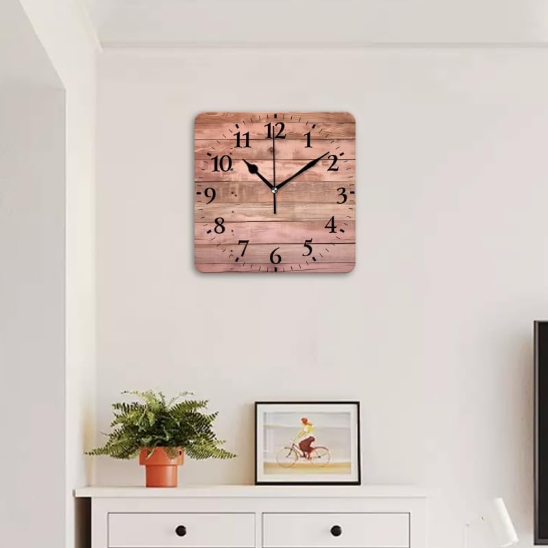 Battery Operated Wall Clocks Wooden Wall with Horizontal Planks in Pink and Brown Tones Silent Non-Ticking Decor Clock with Photo for Bathroom,Office(16inch)