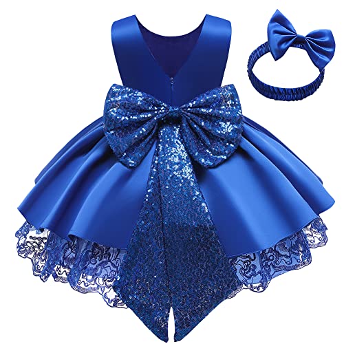 LZH Robe Tutu à Volants en Dentelle brodée à Paillettes et nœud pour Concours de beauté, fête de Mariage avec Couvre-Chef 0 à 5 Ans, Bleu, 0-6 Mois Cover