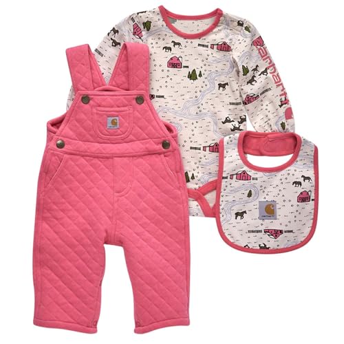 Image of Carhartt baby-girls Long-sleeve Bodysuit, Overalls, and Food Bib 3pc Set3-Piece Onesie Bib Overalls Set