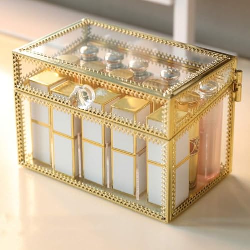 Siuhuig 口紅収納ケース 蓋付き コスメ収納ケース 化粧品収納ボックス ガラス クリア オシャレ 口紅収納スタンド リップスタンド アクセサリー収納 ジュエリーケース コスメ収納 ディスプレイ メイク用品 透明 真鍮 (15仕切り(15x9x14cm