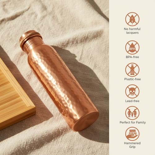 Image of Copper Water Bottle 34oz - 100% Pure Ayurvedic Handcrafted Design - Eco-friendly Premium Quality - Bpa-free Heavy Duty Leak-proof & Lab-tested - Health Benefits for Daily Use, Sports, Travel & Gifting